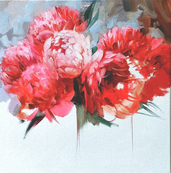 Peony oil painting original canvas art, Hot pink flowers artwork for walls original