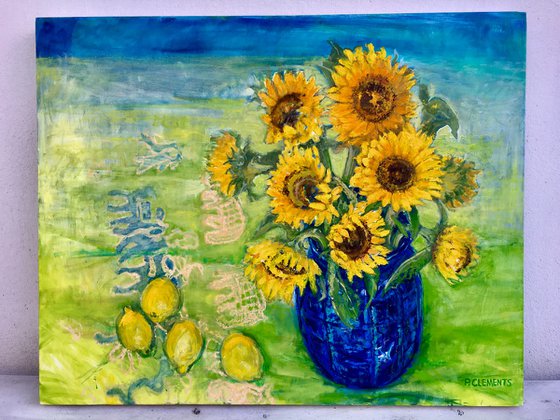 Sunflowers with African cloth