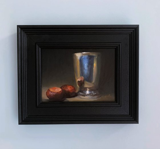 Original Oil Still Life Conkers with Antique Silver Goblet.