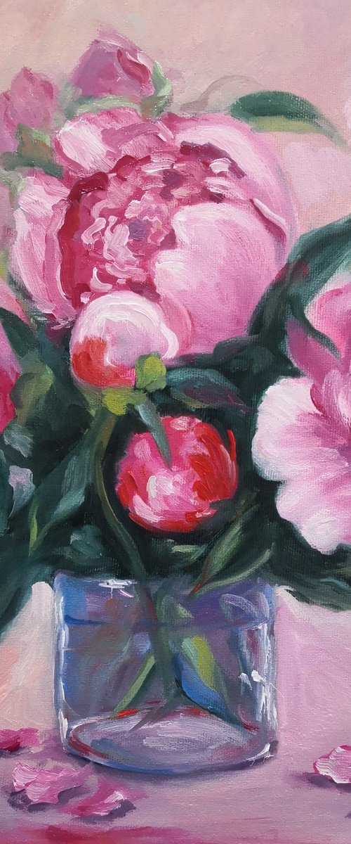 Delicate Pink and Wjite Peonies in a glass still life by Jane Lantsman