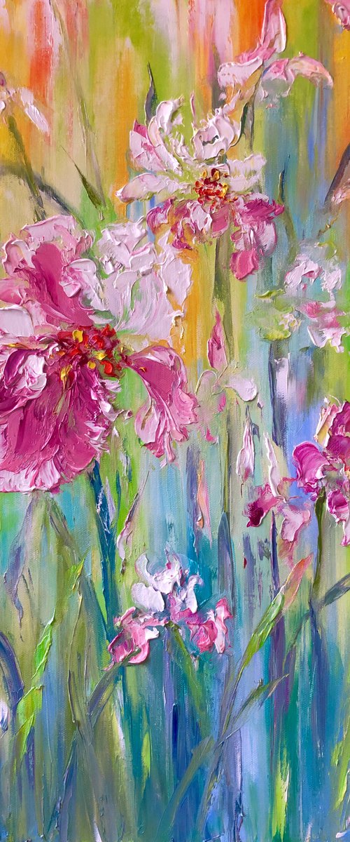 TENDERNESS - Optimistic. Delicate irises. Botanical composition. Pink bud. Abstract flowers. Volume. Delicious. by Marina Skromova