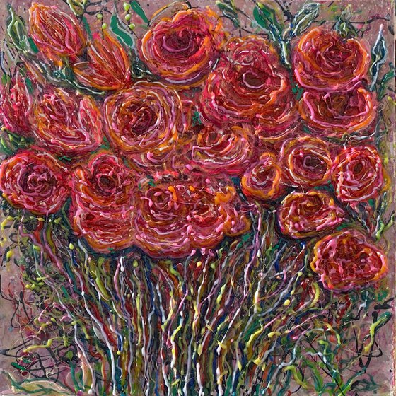 Abstract Roses Bouquet Pink Flowers Painting Thick Textured Palette Knife Combined with Jackson Pollock Contemporary Technique