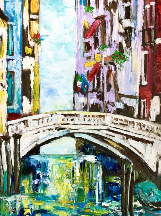 VENICE CANAL BRIDGE. PALETTE KNIFE OIL PAINTING. OFFICE URBAN WALL ART