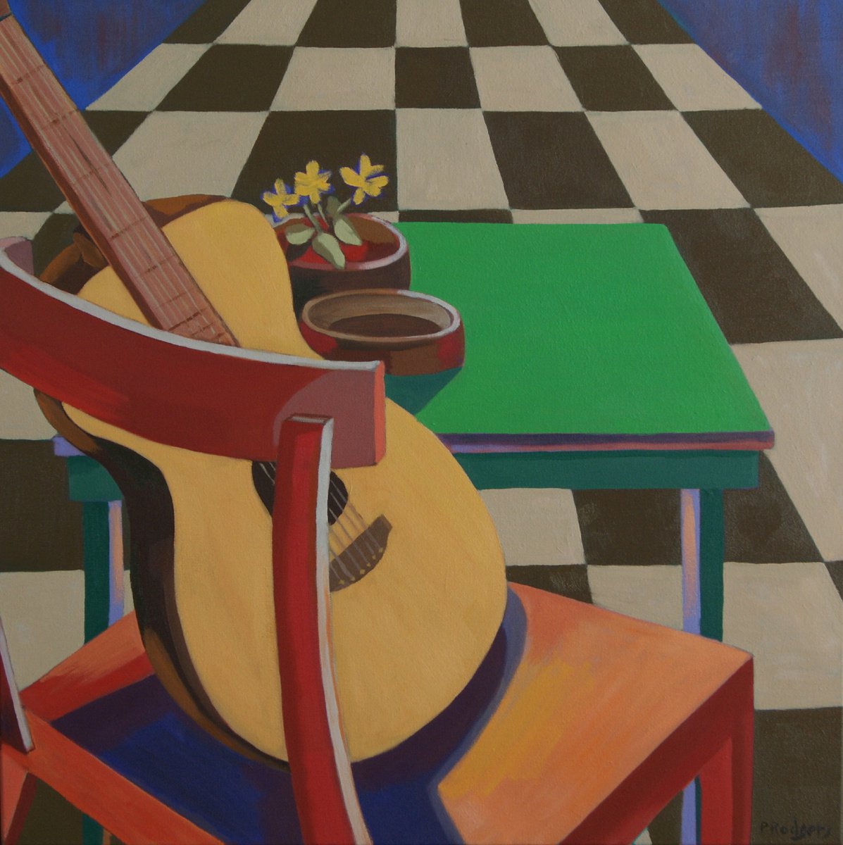 Geometric Oil Painting , Guitar On Chair By Patty Rodgers, 24 X 24, Artwork For Sale On Artfinder