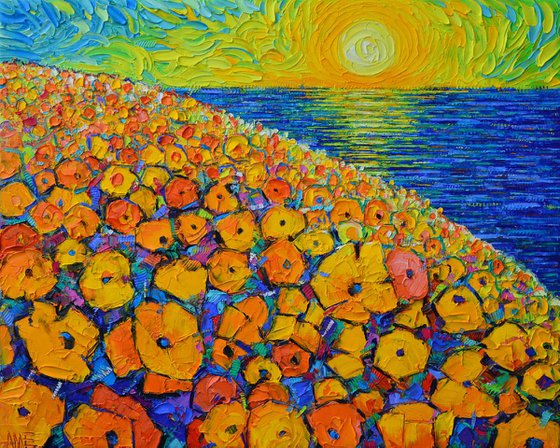 Orange poppies by the sea sunrise abstract landscape textural impressionist impasto palette knife oil painting by Ana Maria Edulescu