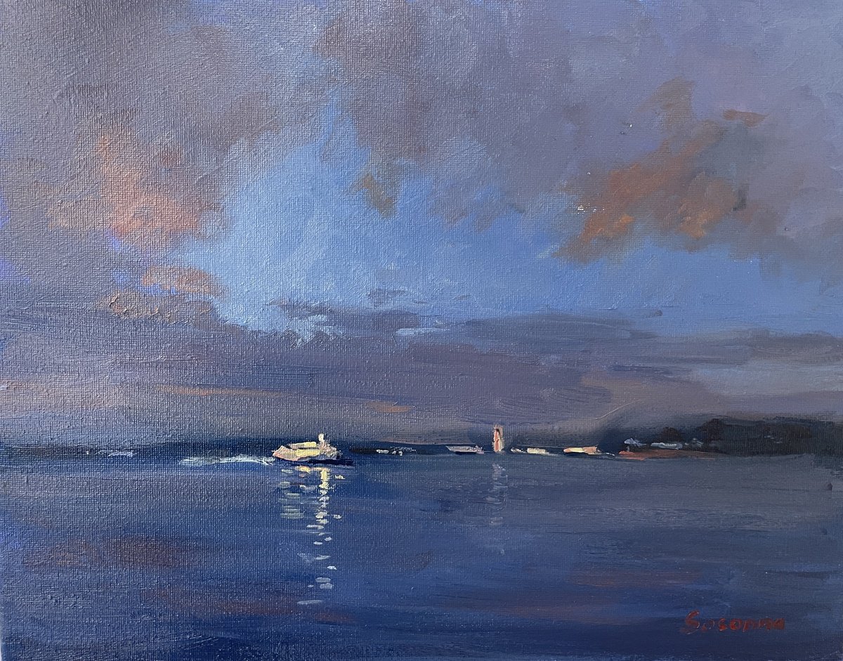 Impressionistic Landscape Oil Painting By Kate Sosonna, 14 X 11", After The Dusk On Embarcadero, Original Artwork