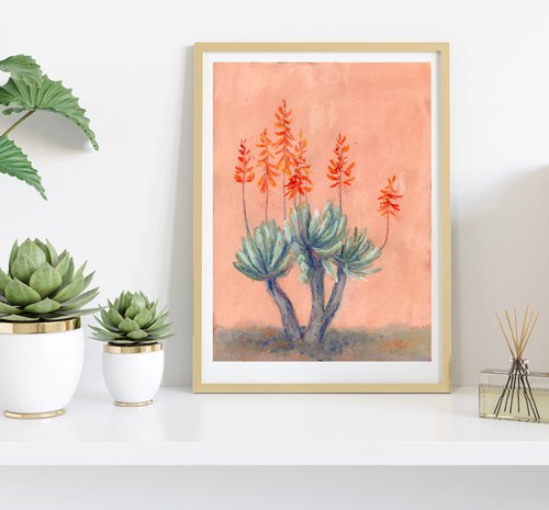Pastel drawing of exotic plant against peachy wall by Liliya Rodnikova
