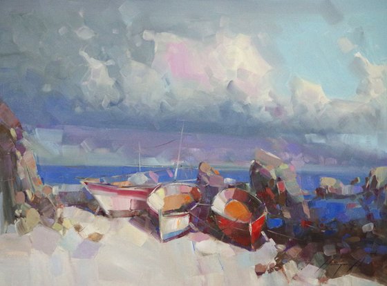 Boats on the Shore, Original oil painting, Handmade artwork, One of a kind