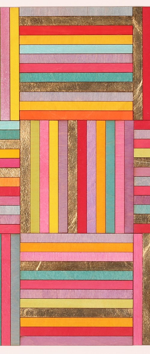 Nine panel stripe collage with gold leaf by Amelia Coward