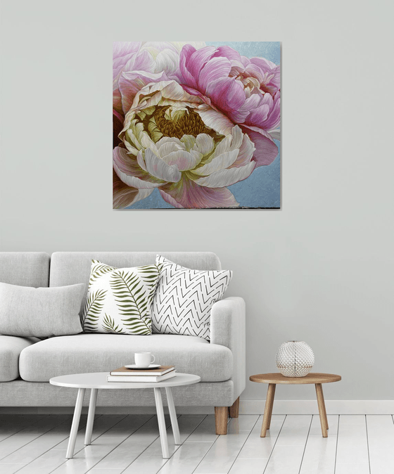 A pair of peonies in a delicate color