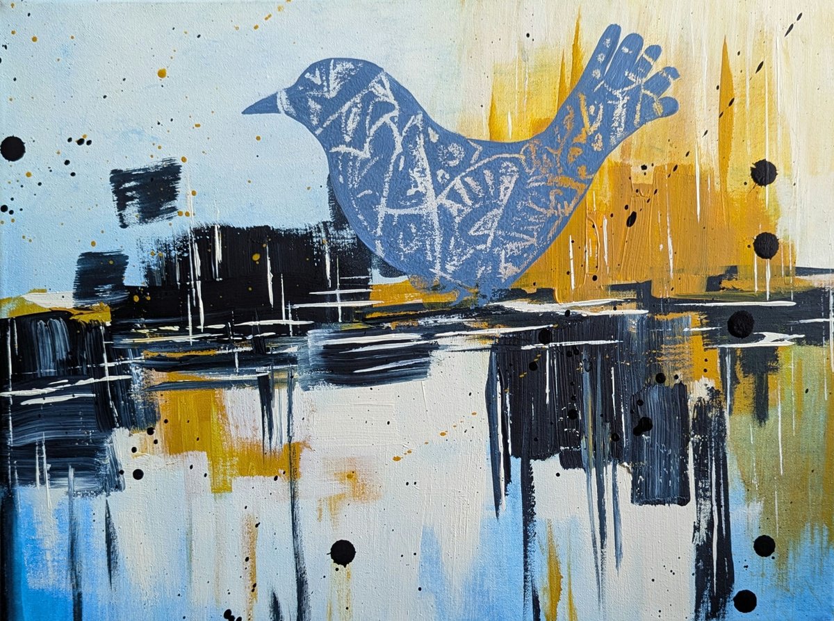 Abstract Animal Acrylic Painting By Wowhawk, 16 X 12", A Touch Of Blue Whimsy, Original Artwork