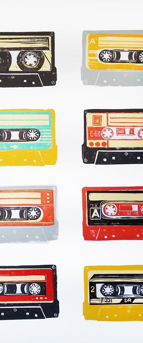 Linocut tapes #49 (cassette tapes, retro music, 70's, 80's rock culture) by Carolynne Coulson