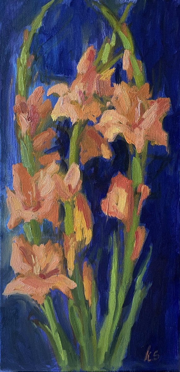 Impressionistic Botanical Oil Painting By Kate Sosonna, 10 X 20", Gladiolus, Original Artwork