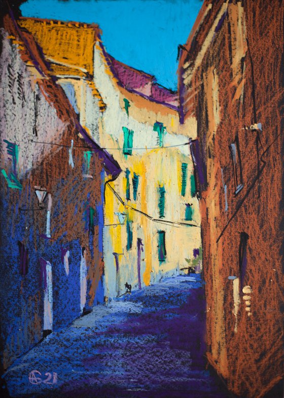 Street in Bergamo, Italy. Dark colors urban landscape. Italy small oil pastel impressionistic painting dark moody contrast street view