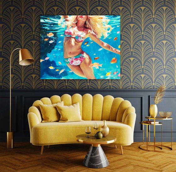 Blonde sexy hot woman under water in the sea, ocean with blue turquoise color waves and bright fishes. Original colorful marine style wall art for modern home decor. Art Gift