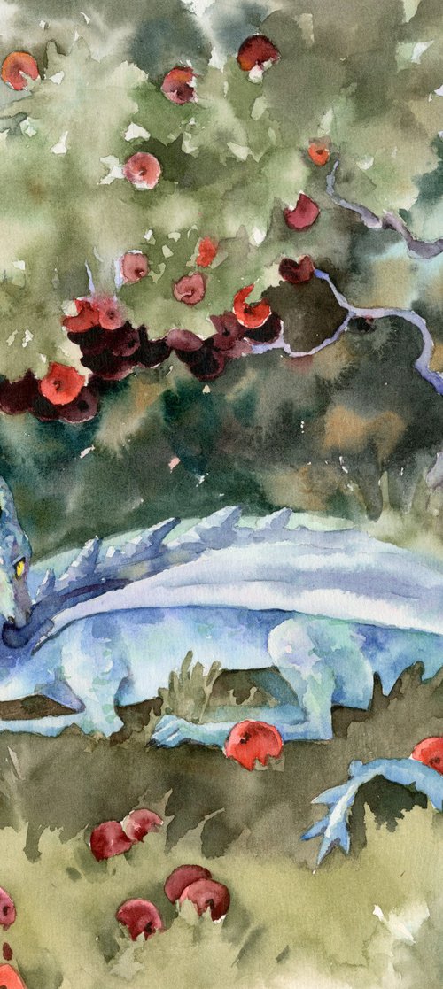 Watercolor Blue Dragon under the apple tree by Yulia Evsyukova