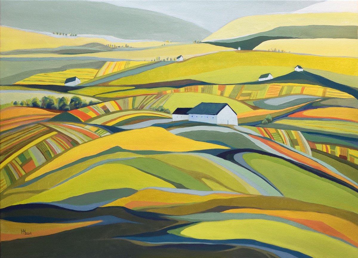 Organic Landscape Oil Painting By Aniko Hencz, 28 X 20, Rural Tranquility, Original Artwork