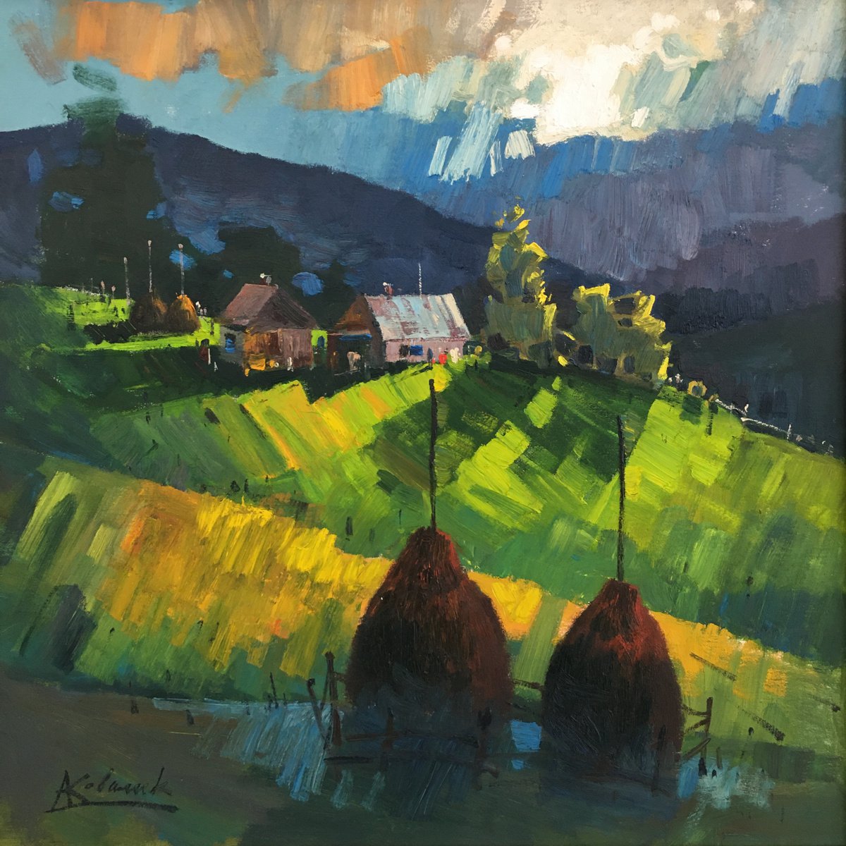 Impressionistic Landscape Oil Painting By Andrii Kovalyk, 24 X 24, Life In Carpathians Mountains, Original Artwork