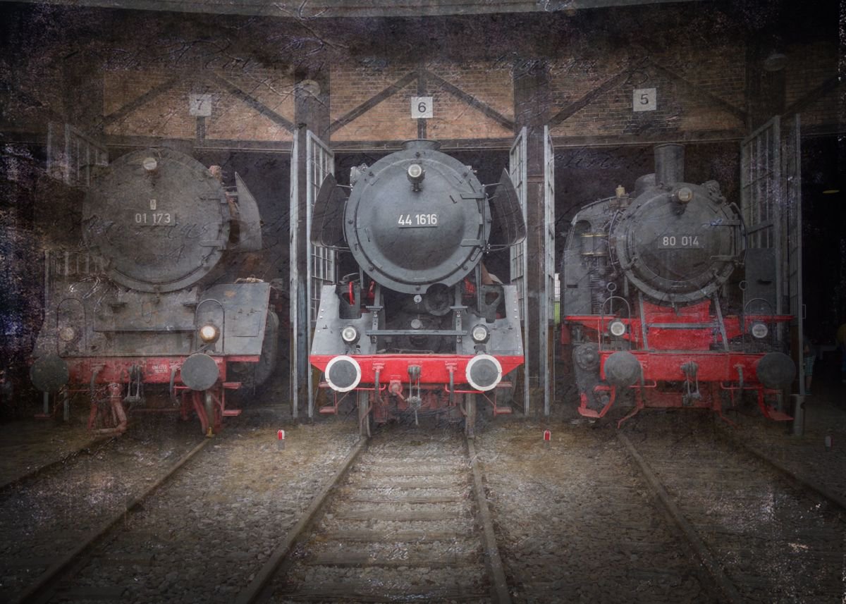 Old steam trains in the depot 11 - print on canvas 60x80x4cm by Kuebler