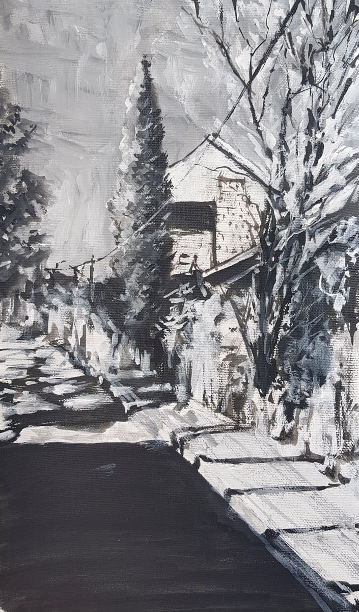 Impressionistic Cityscapes Acrylic Painting By Leonid Kirnus, 7 X 13", Sunny Day, Original Artwork