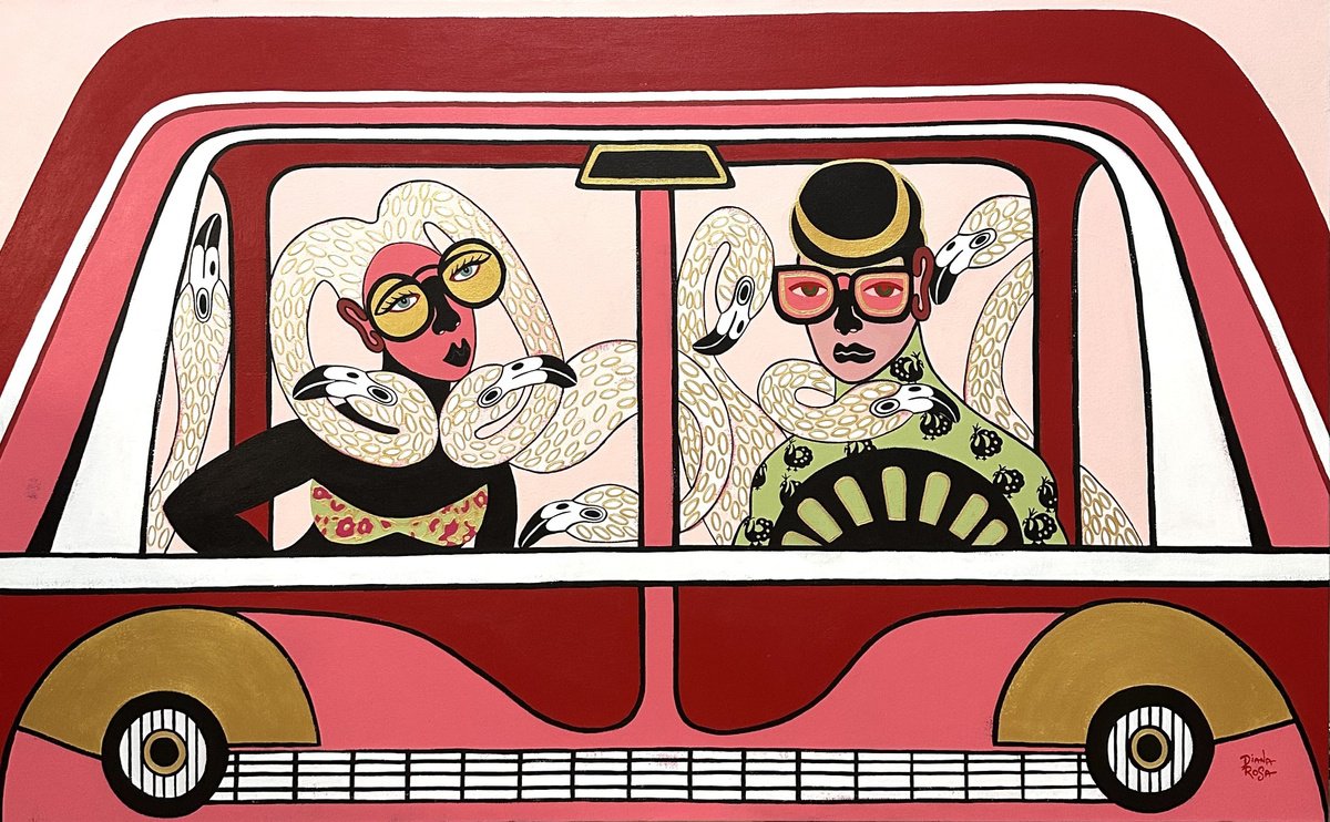 Surrealistic Portrait Acrylic Painting By Diana Rosa, 48 X 30, Driving With Flamingos, Original Artwork