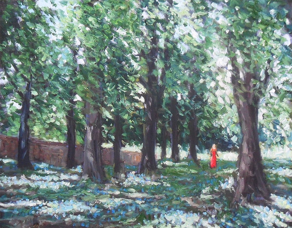Impressionistic Landscape Oil Painting By Colin Ross Jack, 20 X 16, Girl In Bluebell Woods, Original Artwork