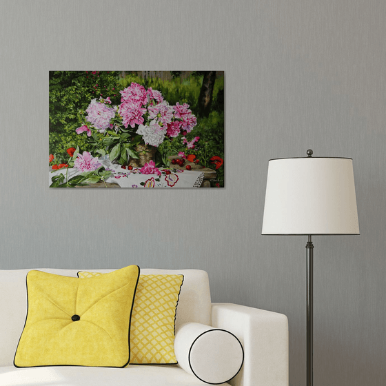 Peonies painting, Summer Scene