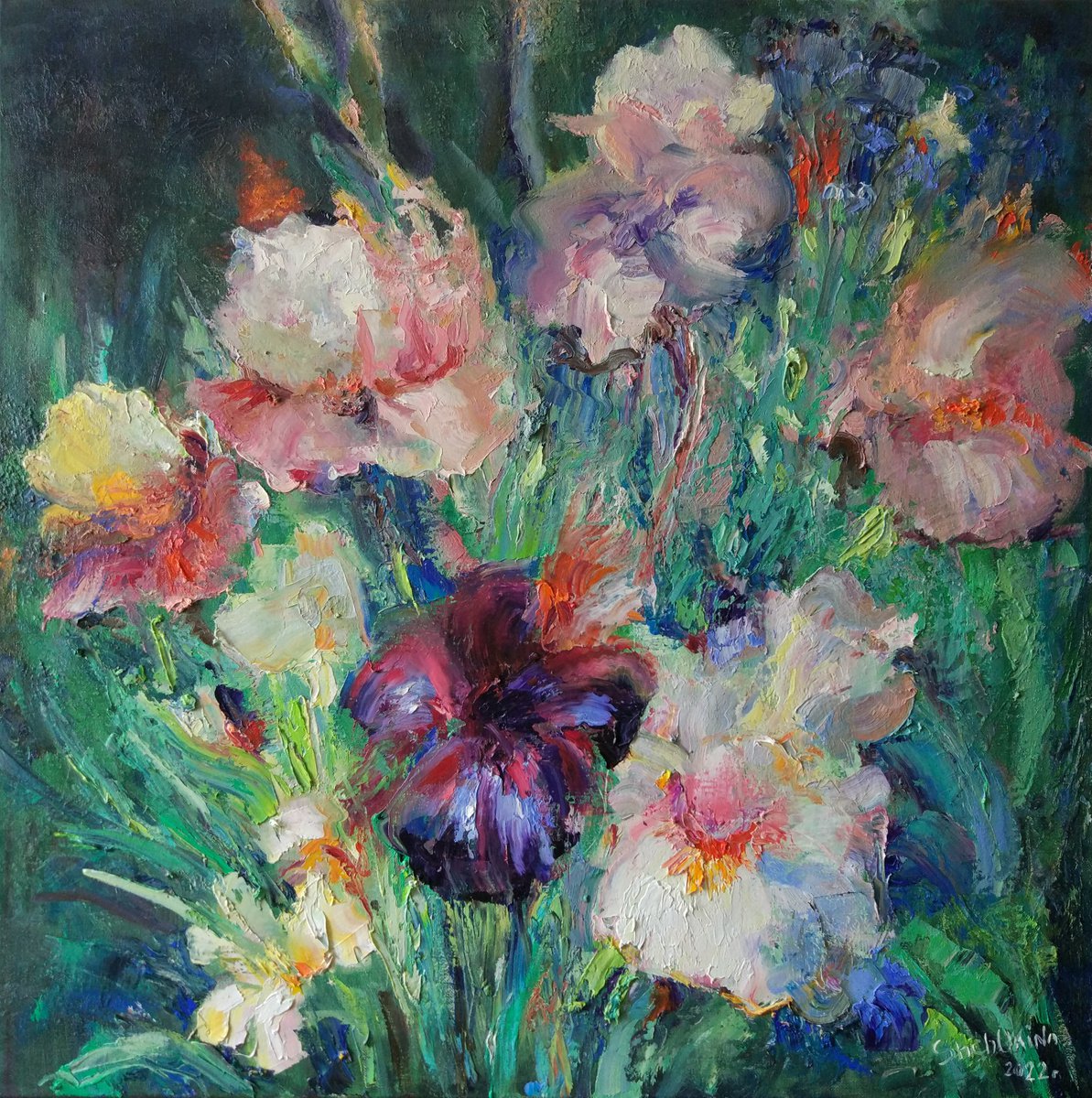 Irises in a shady garden Flowers interior painting by Helen Shukina