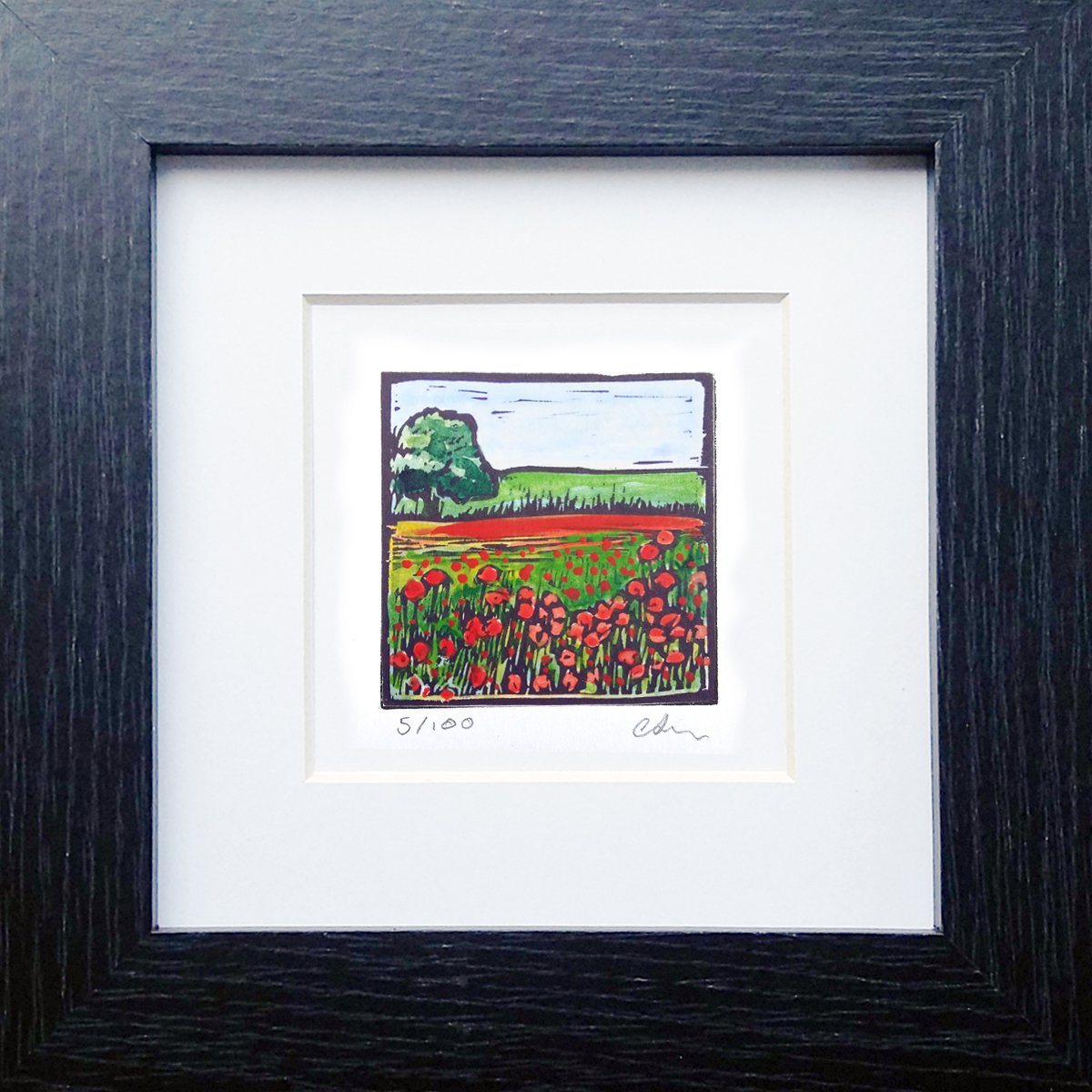 Poppies - miniature hand painted linocut variable edition - Framed and ready to hang by Carolynne Coulson