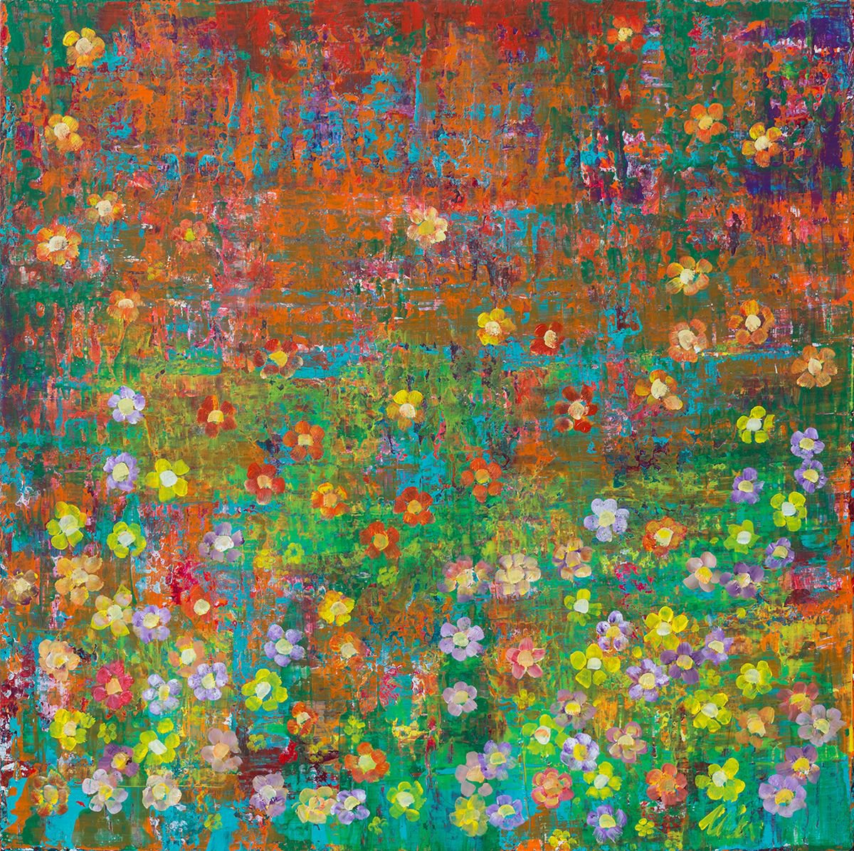 Organic Botanical Acrylic Painting By Peter Zelei, 24 X 24", In The Garden, Original Artwork