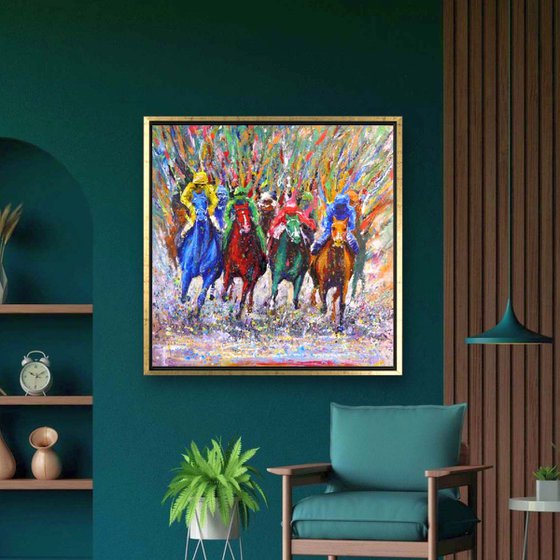 Expressive Horse Race, Acrylic Painting Evoking Energy and Courage