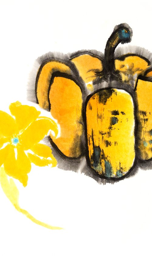 Pumpkin and flower - Pumpkin series No. 03 - Oriental Chinese Ink Painting by Ilana Shechter