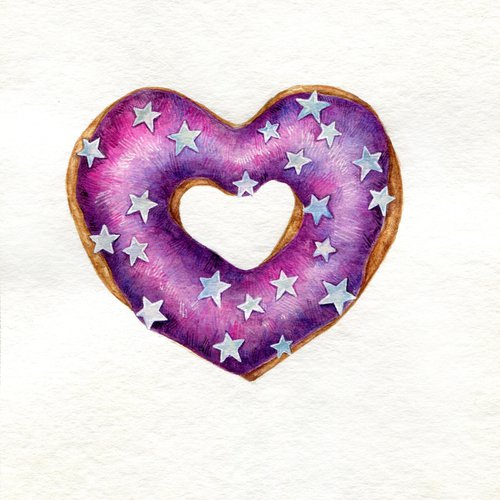 Watercolor heart shaped donut with stars decor by Liliya Rodnikova