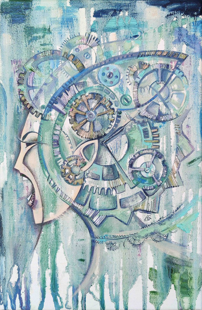 Scream through time, steampunk, pale blue painting with a woman