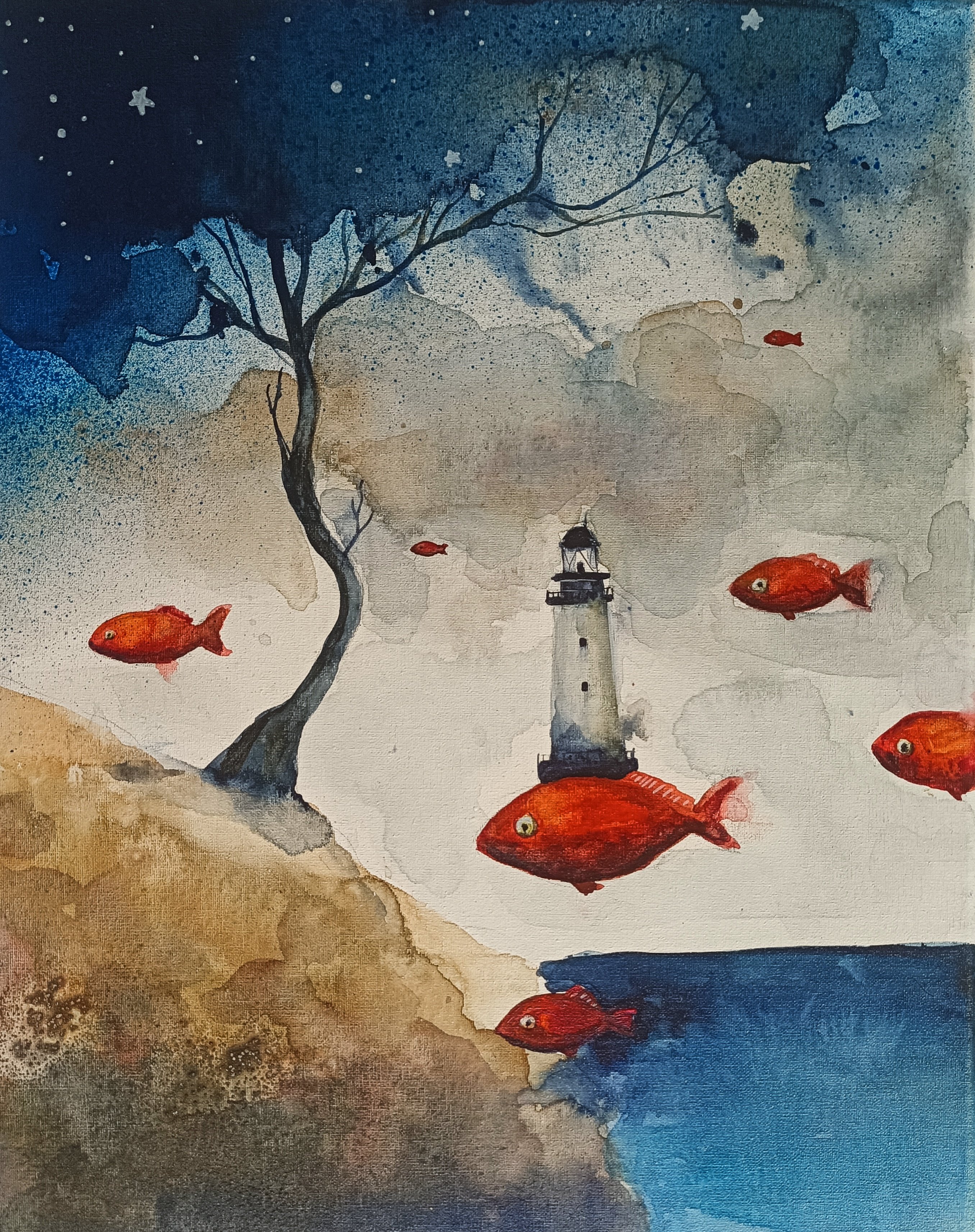 Surrealistic Landscape Painting By Evgenia Smirnova, 11 X 14, Drifting Thoughts, Original Artwork