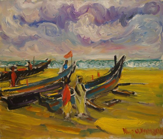 EVENING BEACH IN GOA. INDIA - landscape art, plage, sea, figurative