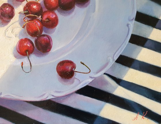 "Ripe sweet cherries."  still life summer plant cherries red  liGHt original painting  GIFT (2020))