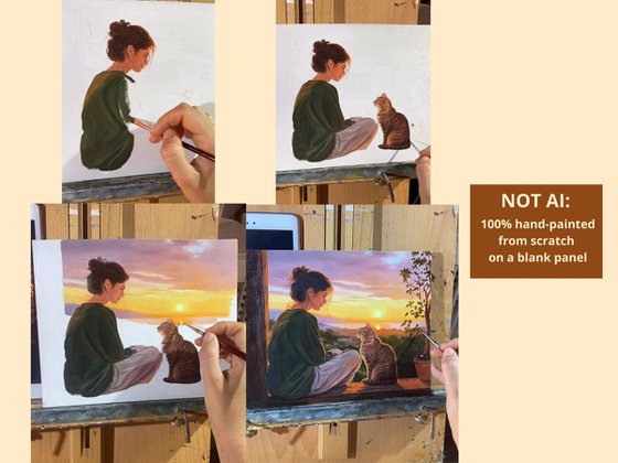 Girl watching the sunset with her tabby cat