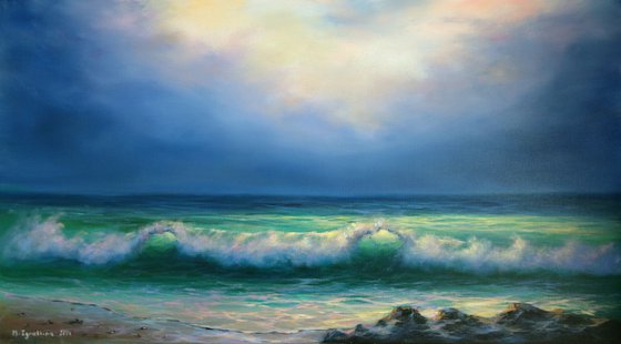 Reflections of the sun - Seascape Painting Coastal Original Art Ocean Oil Paintings 35" by 20"