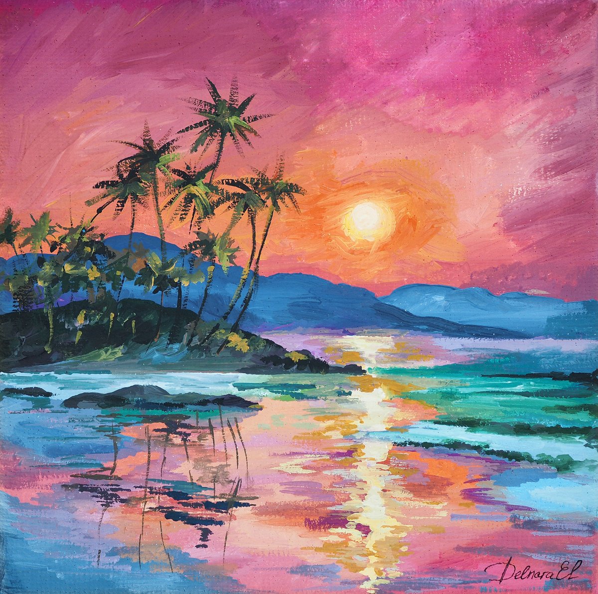 Impressionistic Painting , Hawaiian Sunset By Delnara El, 12 X 12, Artwork For Sale On Artfinder