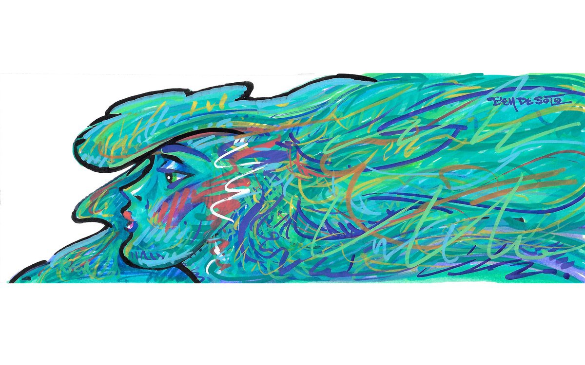 Portrait Acrylic Painting By Ben De Soto, 12 X 4, Green Profile, Original Artwork