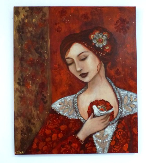 The messenger, acrylic on canvas ,quiet redhair woman with a bird