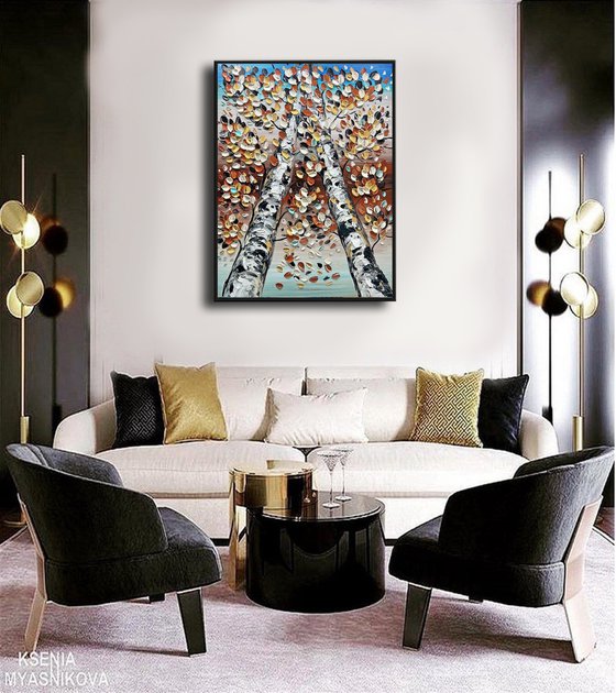 Stand Together - 3D Textured Fall Gold Birch Trees Landscape Painting on Canvas, Original Abstract Nature Textured Tree Painting - SIZE: 24 X 32 INCHES (60 X 80 CM)