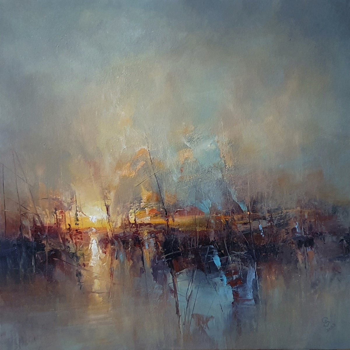 Abstract Landscape Oil Painting By Ivan Grozdanovski, 24 X 24, Harbor Of Destroyed Dreams, Original Artwork