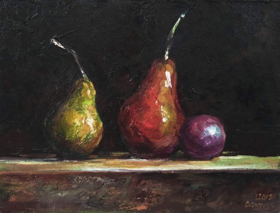 Still life with pears and plum