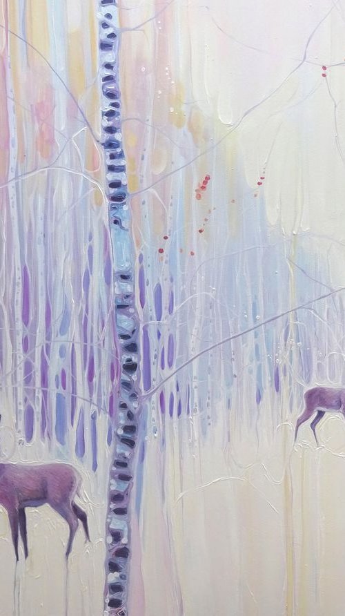 Spirits of Winter - LARGE ORIGINAL Oil Painting with deer in snow by Gill Bustamante