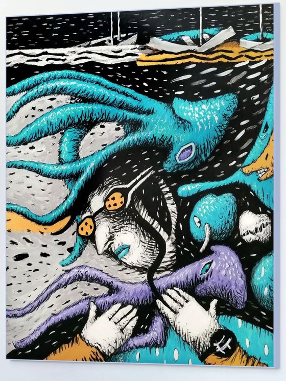 Diver and violet squid