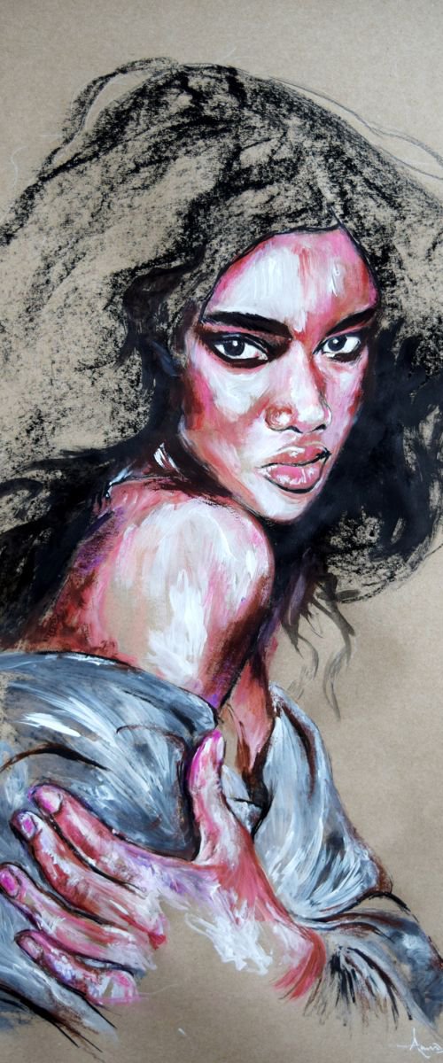 Her gaze / 60 cm x 42 cm Portrait painting on paper by Anna Sidi-Yacoub