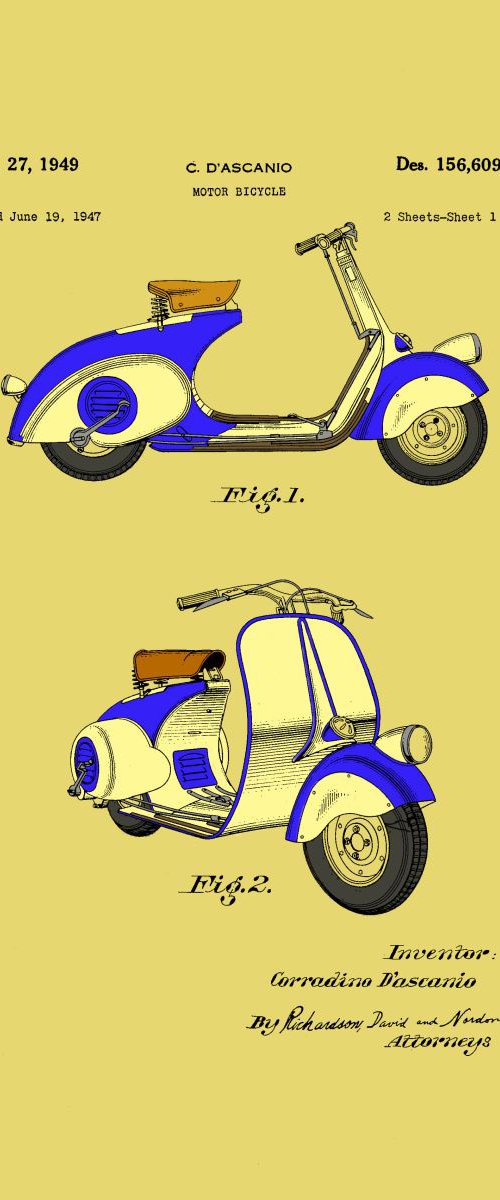 Motor Bicycle Patent - Circa 1949 - Blue and Cream by Marlene Watson