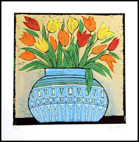 Tulips in a Blue Bowl